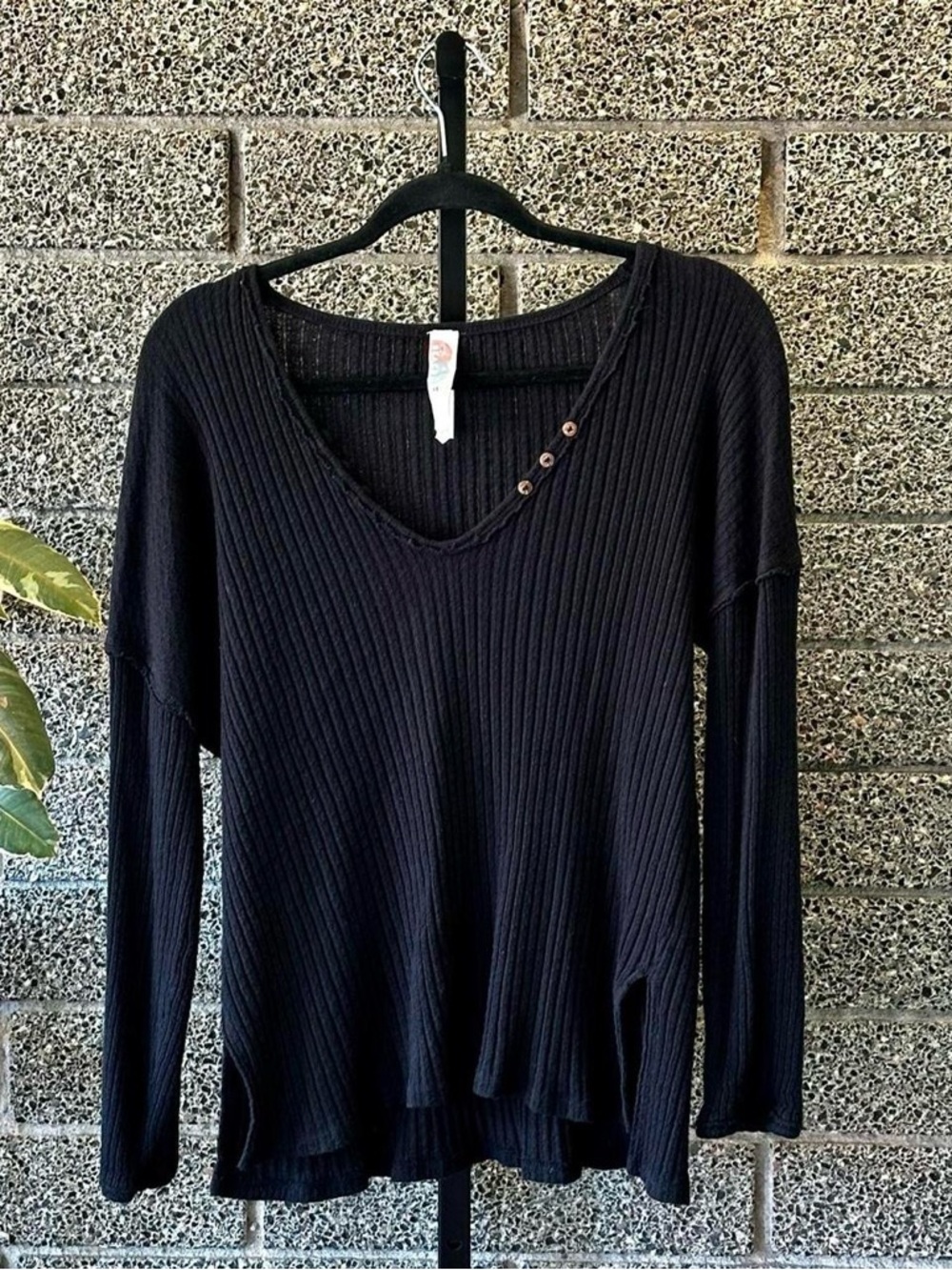 Free People FP Beach Black Long Sleeved Ribbed Top